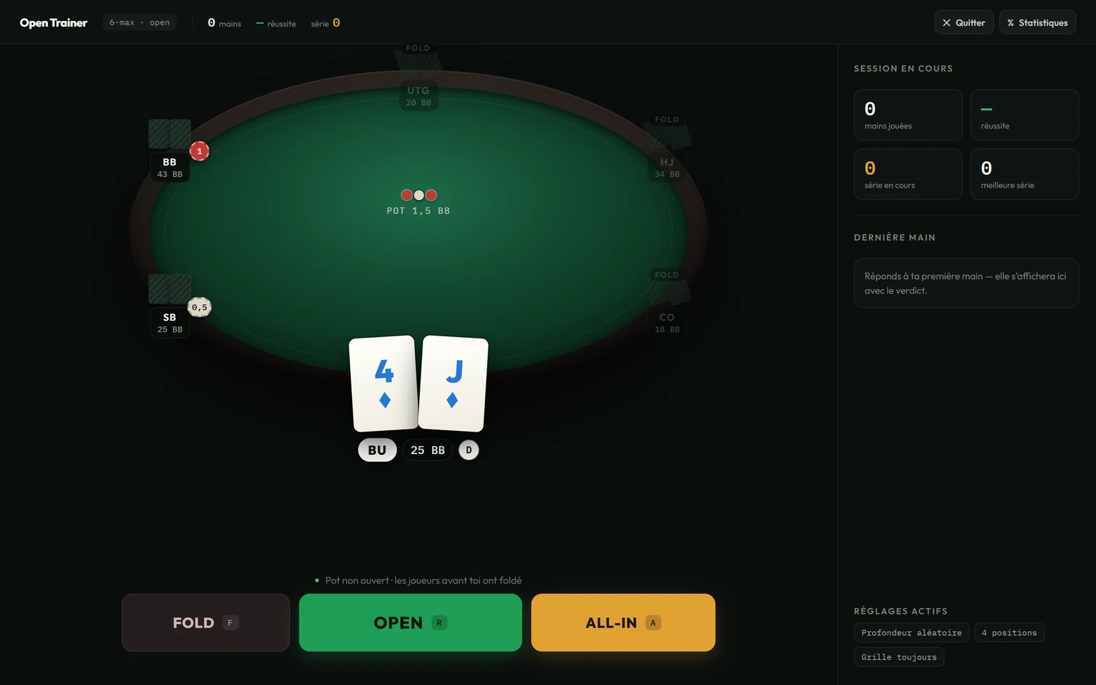 Open Trainer : la table, une main à jouer.